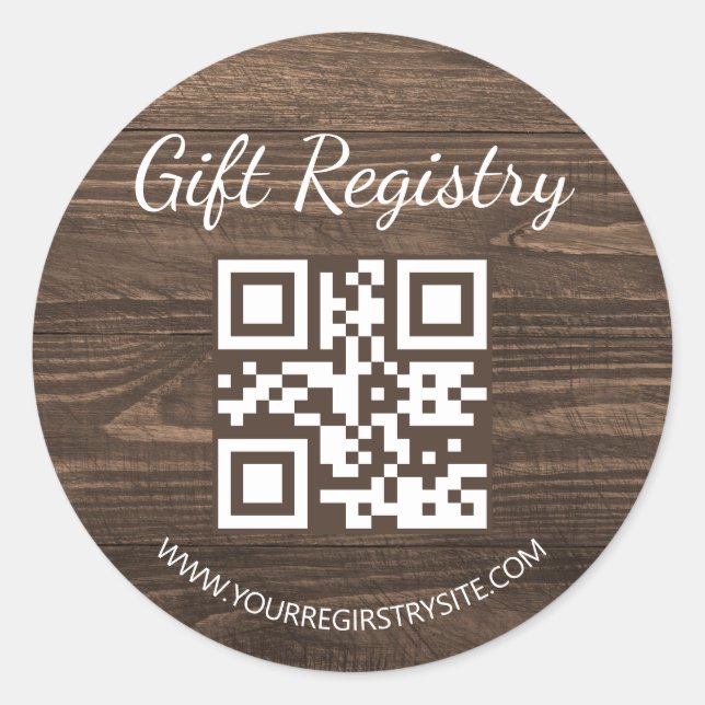 Pegatina Redonda rustic wood gift registry qr code baby shower (Anverso)