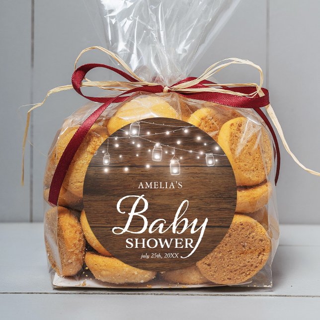 Pegatina Redonda Rustic Wood Mason Jars Lights Baby Shower (Subido por el creador)