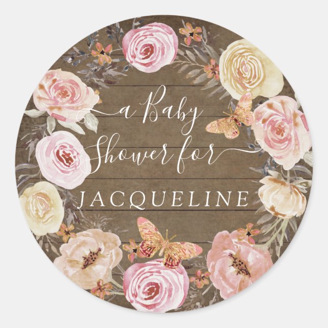 Pegatina Redonda Rustic Wood Rubor Floral Wreath w Butterflies (Anverso)