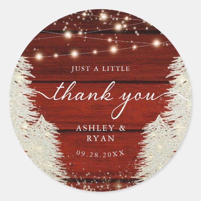 Pegatina Redonda Rustic Wood String Lights Trees Trees Boda Gracias (Anverso)