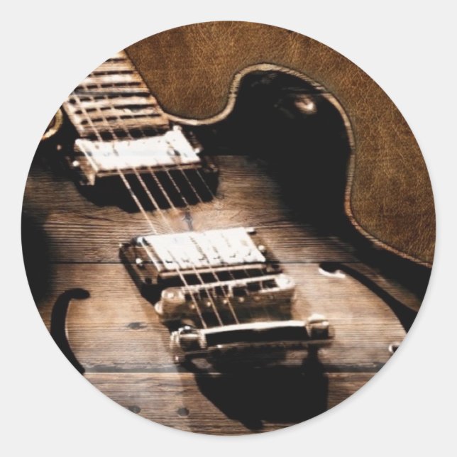 Pegatina Redonda Rustic Wood Western Country Music Guitar (Anverso)