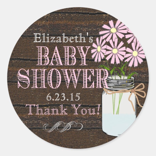 Pegatina Redonda Rustic Wood y Mason Jar- Baby Shower (Anverso)