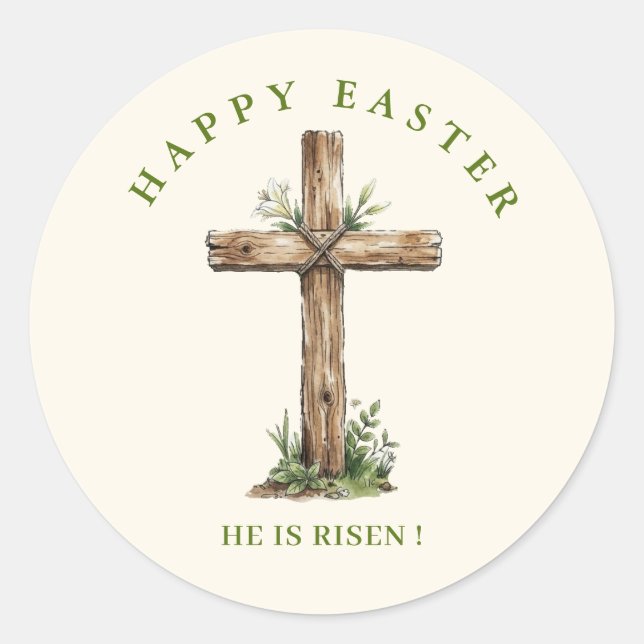 Pegatina Redonda Rustic Wooden Cross He is risen Easter (Anverso)