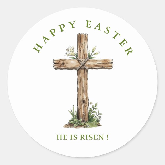 Pegatina Redonda Rustic Wooden cross  He is Risen Label / Seal (Anverso)
