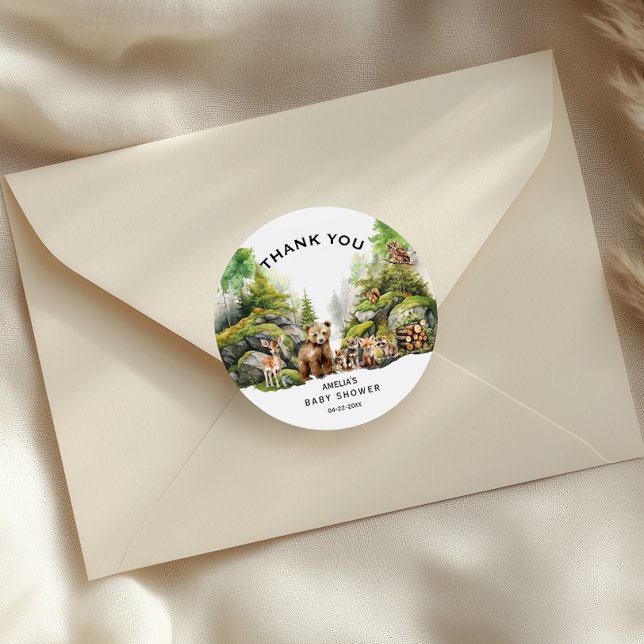 Pegatina Redonda Rustic Woodland Animals Baby Shower Gracias (Subido por el creador)