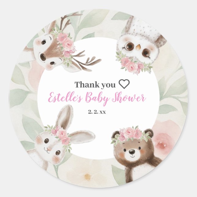 Pegatina Redonda Rustic Woodland Boho Chica Baby Shower (Anverso)