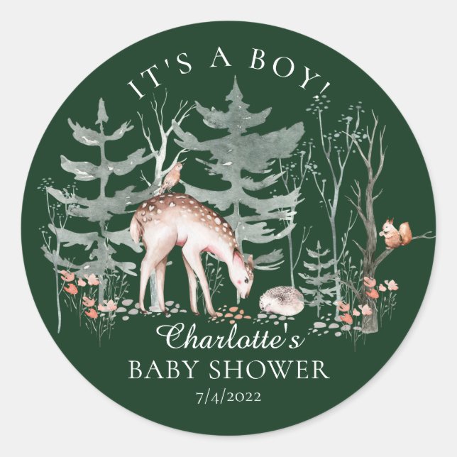 Pegatina Redonda Rustic Woodland Forest Animals Baby Shower Classi (Anverso)