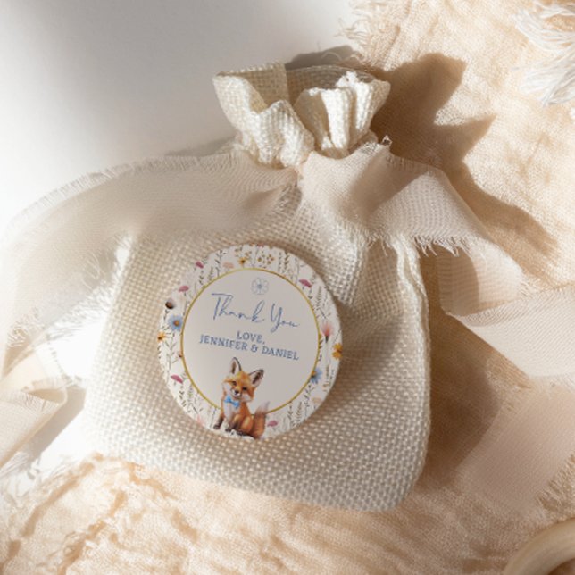 Pegatina Redonda Rustic Woodland Fox Gracias Baby Shower (Subido por el creador)