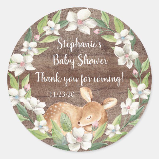 Pegatina Redonda Rustic Woodland Sweet Deer Baby Shower Favor (Anverso)
