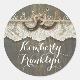 Pegatina Redonda Rústica boda campestre de herradura de encaje