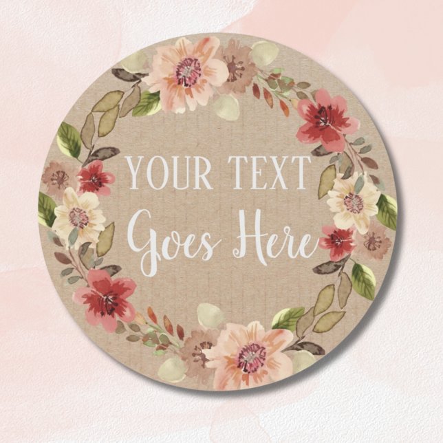 Pegatina Redonda Rústica floral artesanal personalizada (Personalised Handmade Vintage Floral Rustic Kraft Classic Round Sticker)