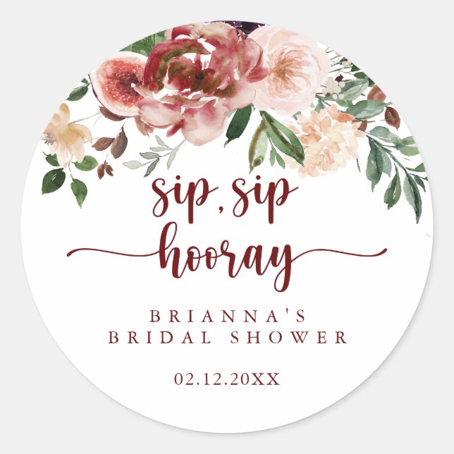 Pegatina Redonda Rústica Floral Sip Sip Hooray Bridal Shower (Anverso)