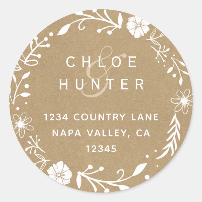 Pegatina Redonda Rústica Floral Wreath Faux Kraft Dirección de devo (Anverso)