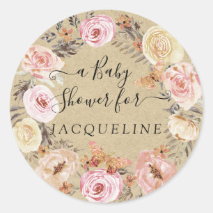 Pegatina Redonda Rústica Kraft Pink Floral Wreath w Butterflies