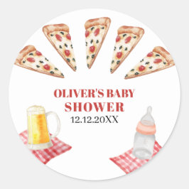 Pegatina Redonda Rústica moderna Slice Pizza Beers Baby Shower