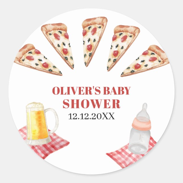 Pegatina Redonda Rústica moderna Slice Pizza Beers Baby Shower (Anverso)