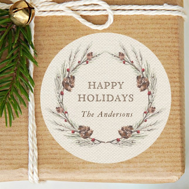 Pegatina Redonda Rústica Pinecone Wreath Navidad (Subido por el creador)