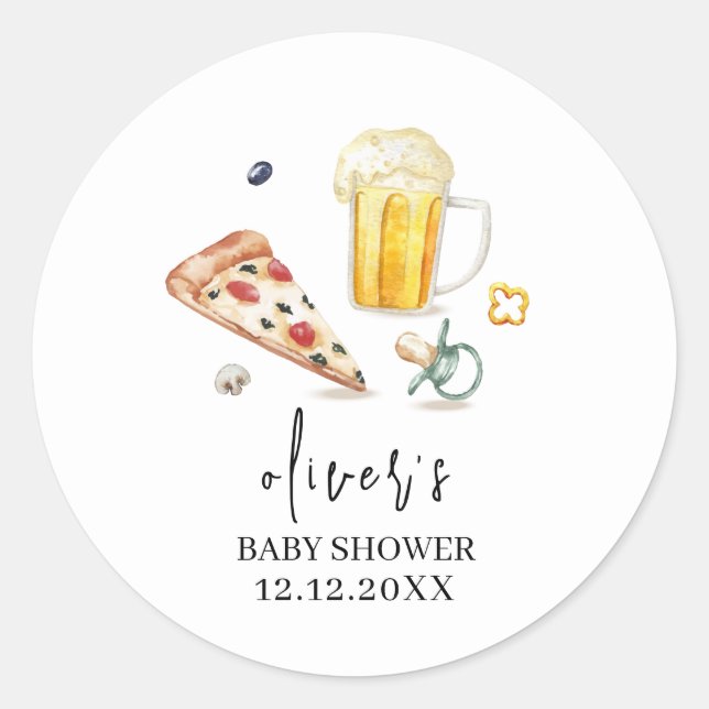 Pegatina Redonda Rústica Pizza Beers Pacifier Baby Shower (Anverso)
