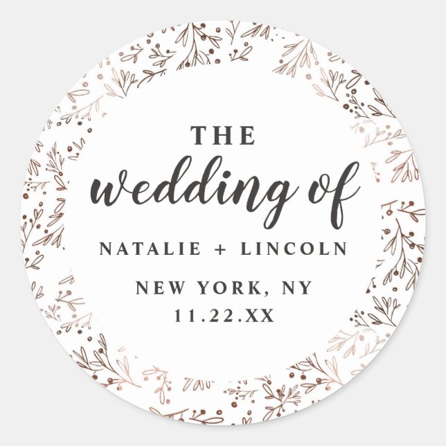 Pegatina Redonda Rústica ramas Relieve metalizado de cobre Boda oto (Anverso)
