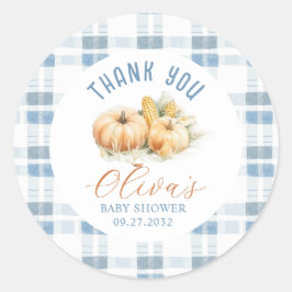 Pegatina Redonda Rústicas franjas azules Pumpkin Baby Shower Gracia