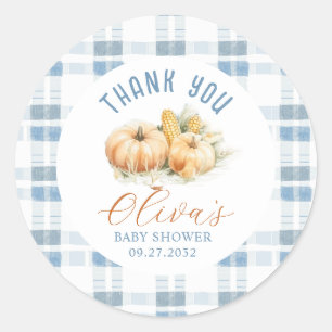 Pegatina Redonda Rústicas franjas azules Pumpkin Baby Shower Gracia