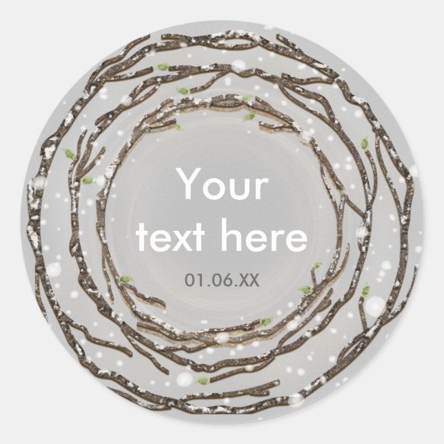 Pegatina Redonda Rústicas ramas de Bodas de Invierno y Nieve de Cam (Anverso)