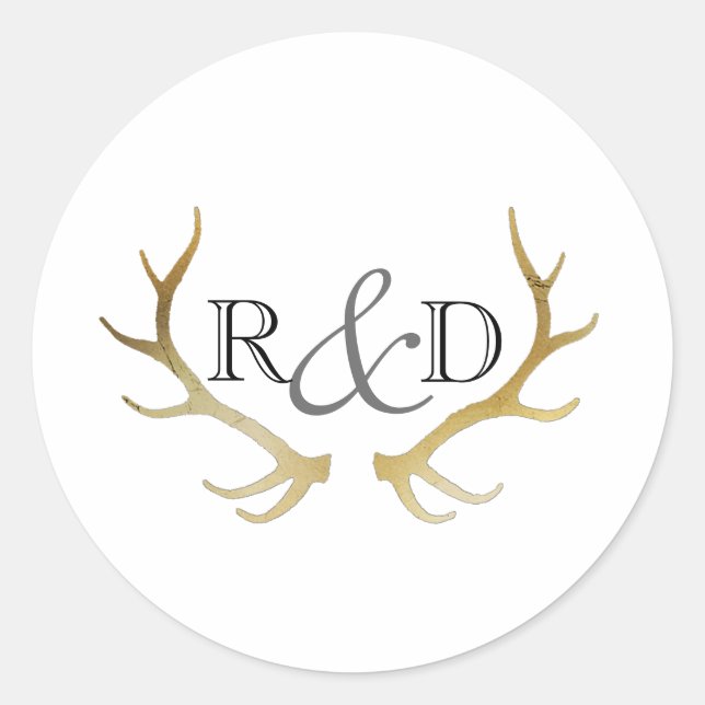Pegatina Redonda Rústico Antler De Oro | Elegante Boda inicial (Anverso)