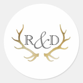 Pegatina Redonda Rústico Antler De Oro | Elegante Boda inicial