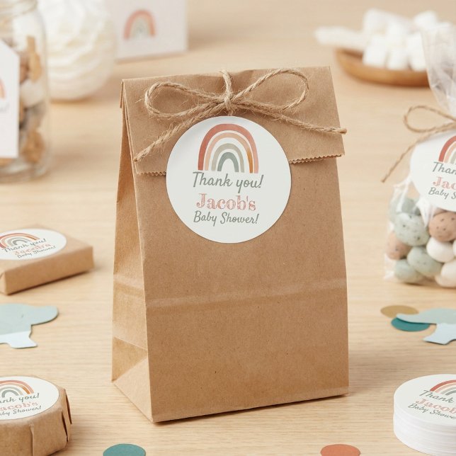 Pegatina Redonda Rústico arco iris ducha bebé gracias (Rustic rainbow baby shower thank you classic round sticker.)