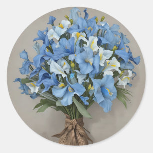 Pegatina Redonda Rústico Azul Iris Bouquet