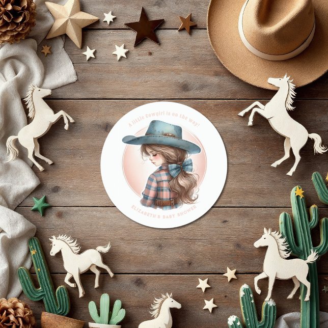 Pegatina Redonda Rústico Baby Shower de la niñita occidental (Rustic Western Little Cowgirl Baby Shower Classic Round Sticker)