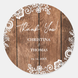Pegatina Redonda Rústico Boda de Bar Country Wood Lace