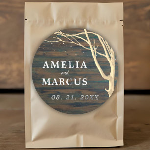 Pegatina Redonda Rústico Boda de escritura blanca de madera oscura