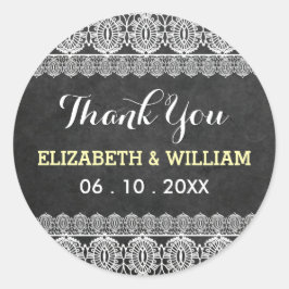 Pegatina Redonda Rústico Boda de Lace y Chalkboard Gracias Amarillo
