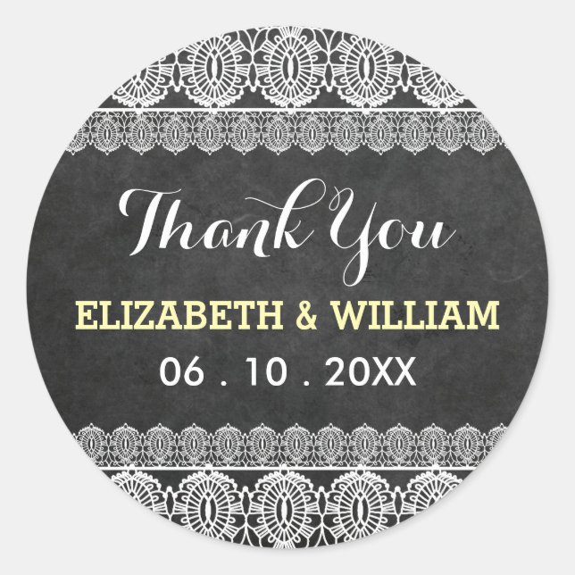 Pegatina Redonda Rústico Boda de Lace y Chalkboard Gracias Amarillo (Anverso)