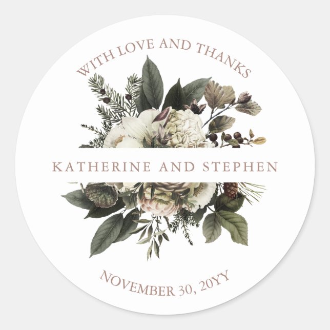 Pegatina Redonda Rústico Boho Dusty Boda Floral Rosa Gracias (Anverso)