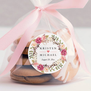 Pegatina Redonda Rústico Boho Feather Floral Wreath Wedding Favor