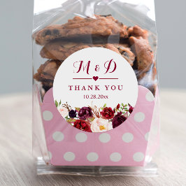 Pegatina Redonda Rústico Borgoña Rojo Floral Monograma Favor de la 