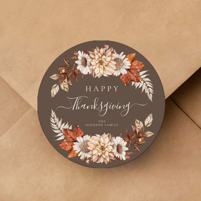 Pegatina Redonda Rústico Brown Fall Floral Feliz Día de Gracias (Rustic Brown Fall Floral Happy Thanksgiving Classic Round Sticker)