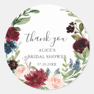 Pegatina Redonda Rustico Burgundy Azul Boho Floral Bridal Shower