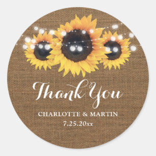 Pegatina Redonda Rústico Burlap Sunflower Wedding Favor
