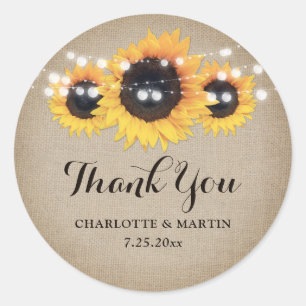 Pegatina Redonda Rústico Burlap Sunflower Wedding Favor