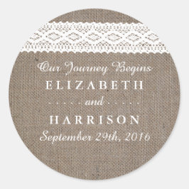 Pegatina Redonda Rústico Burlap y Vintage White Lace Wedding Favor