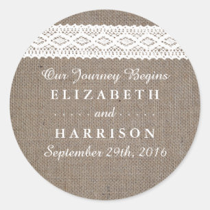 Pegatina Redonda Rústico Burlap y Vintage White Lace Wedding Favor