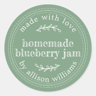 Pegatina Redonda Rústico casero Blueberry Jam Canning Green