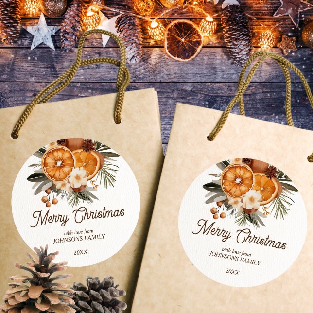 Pegatina Redonda Rústico Cítrico seco botánico de Feliz Navidad (Rustic Merry Christmas botanical dry citrus Merry Christmas Sticker template)