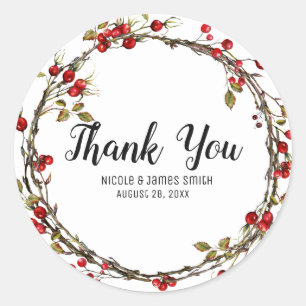 Pegatina Redonda Rústico Cranberry Berries Holiday Wreath Favor