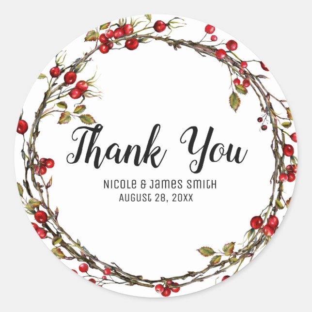 Pegatina Redonda Rústico Cranberry Berries Holiday Wreath Favor (Anverso)
