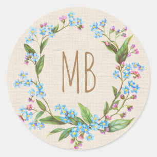 Pegatina Redonda Rústico de color beige azul monograma nomeolvides