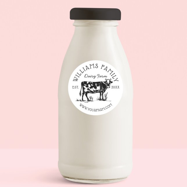 Pegatina Redonda Rústico Esbozo Vintage Granja Vaca Blanca (Rustic Vintage Sketch Farm Dairy Cow White Classic Round Sticker)